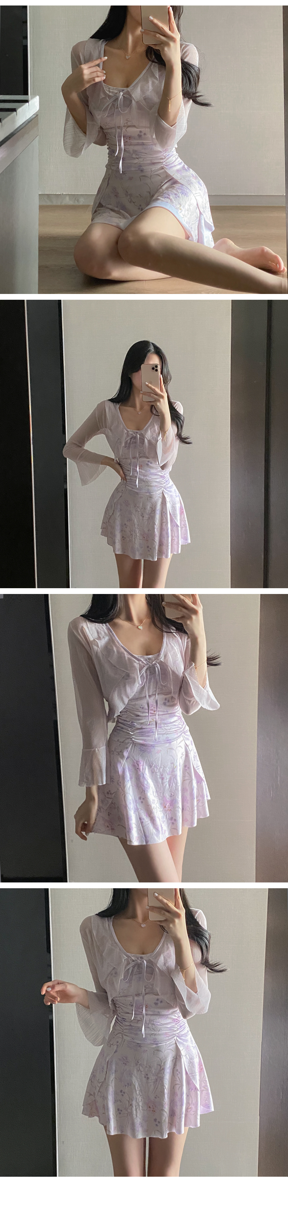 [썸머기획/당일출고] 제비꽃원피스수영복가디건SET(1c) 플라워수영복 셔링모노키니 플레어 쉬폰볼레로세트수영복 래쉬가드 비키니 비치룩 호캉스 여리핏 상세 이미지 4