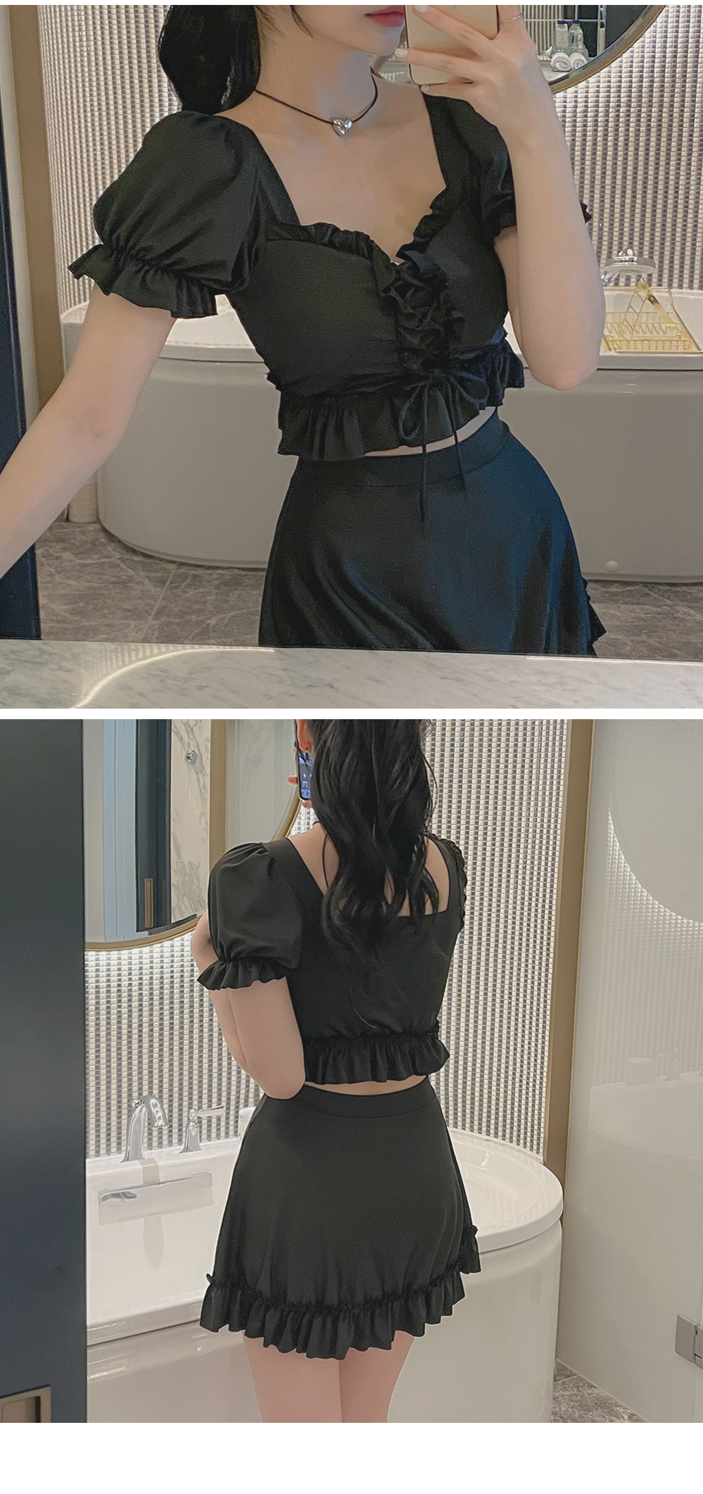 [썸머기획/당일출고] 코르셋퍼프반팔수영복SET(1c) 커버업스커트 체형커버 퍼프수영복 퍼프비키니 반팔비키니 플레어스커트 리본 프릴 상세 이미지 4