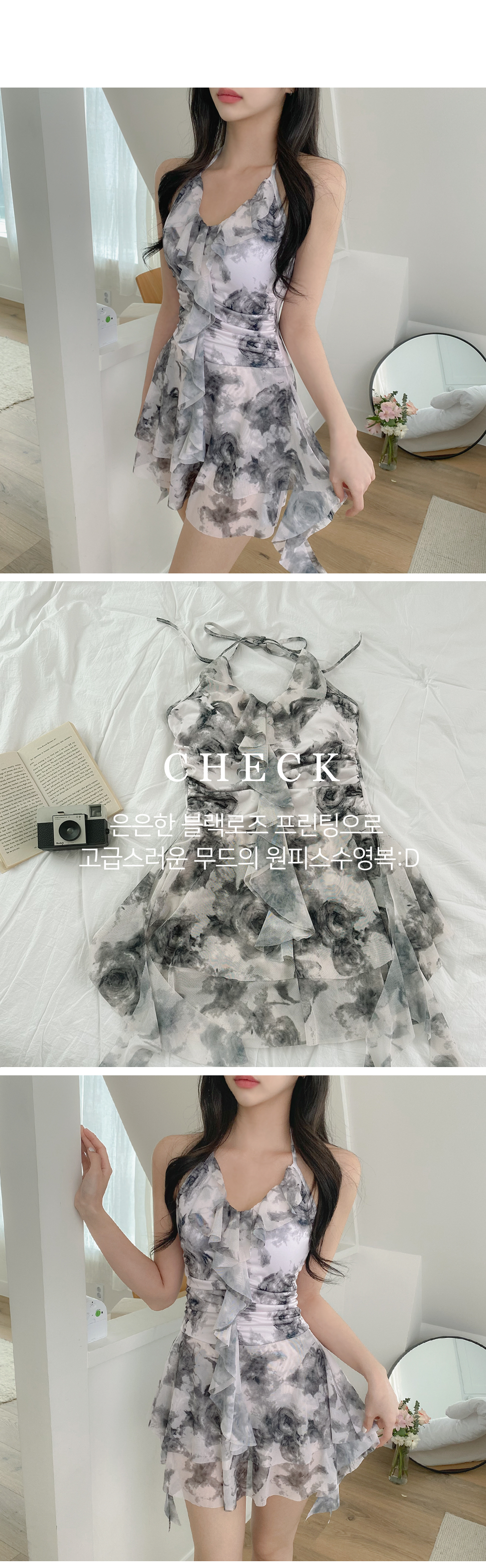 [썸머기획/당일출고] 러플블랙장미원피스수영복(1c) 드로잉수영복 언발란스수영복 모노키니 홀터 매쉬 플레어 플라워 호캉스 허니문 상세 이미지 2