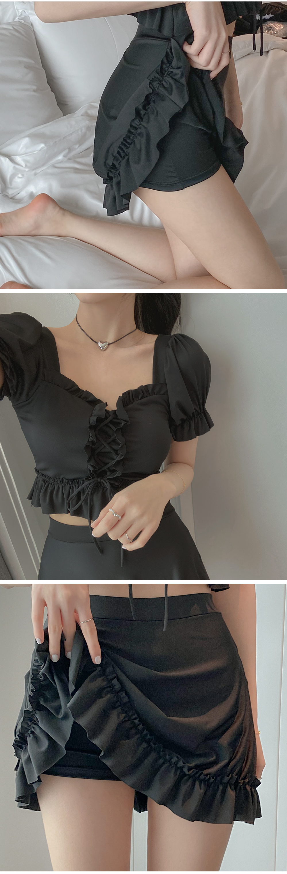 [썸머기획/당일출고] 코르셋퍼프반팔수영복SET(1c) 커버업스커트 체형커버 퍼프수영복 퍼프비키니 반팔비키니 플레어스커트 리본 프릴 상세 이미지 6